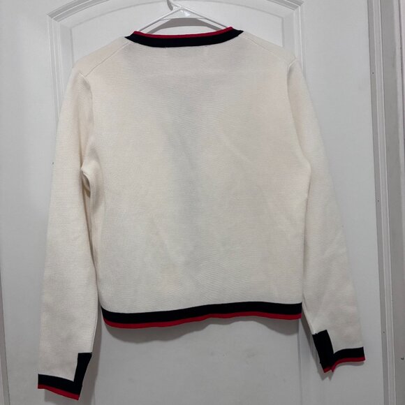 Zara Off White Knit Pearl Button Cardigan Red Navy Blue Trim - Picture 2 of 6